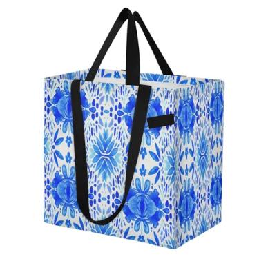 Imagem de SEHANY Sacolas de compras reutilizáveis de porcelana azul e branca com alças reforçadas, bolsa de compras de lona dobrável à prova d'água de grande capacidade para viagem, cozinha, praia