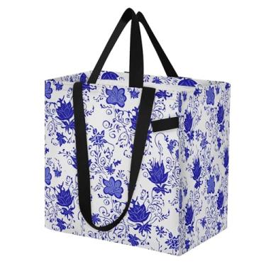 Imagem de SEHANY Sacolas de compras reutilizáveis de porcelana azul e branca com alças reforçadas, bolsa de compras de lona dobrável à prova d'água de grande capacidade para viagem, cozinha, praia