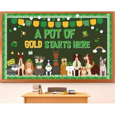 Imagem de Conjunto de decoração de quadro de avisos para cães de estimação Dia de São Patrício, tema de filhotes, decoração de sala de aula, trevo da sorte, moeda de ouro, recortes de cachorro fofos para festas