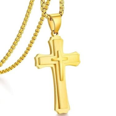 Imagem de Colar com Crucifixo Masculino Dourado em Aço Inoxidável 316L Pingente de Cruz Símbolo de Fé Estilo Clássico