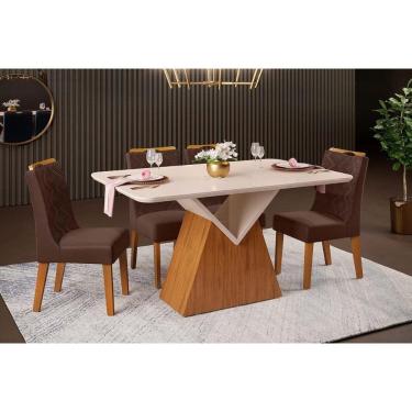 Imagem de Conjunto: Mesa Sala Jantar Argo c/ Tampo Madeirado c/ Vidro Curvo 136x90cm e 4 Cadeiras Stela Freijo/Off White - Suede Moca - DJ Móveis