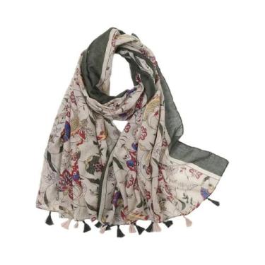 Imagem de Xale Feminino De Algodão E Viscose 180x90cm Com Borlas, Estampa Floral