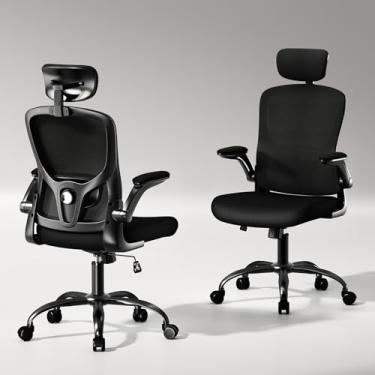 Imagem de TLLMOON Cadeira de escritório ergonômica – Suporte lombar ajustável e encosto de cabeça, cadeira de mesa de encosto alto com braços dobráveis para escritório em casa, cadeira de trabalho giratória e