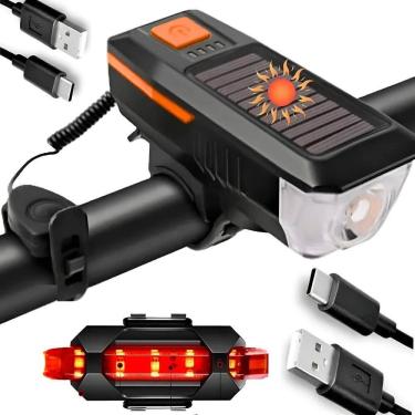 Imagem de Lanterna Farol Solar Bike Buzina Led Traseiro Ciclis Laranja