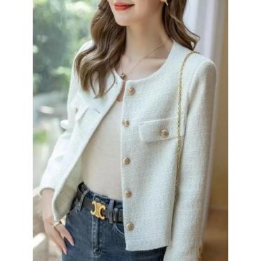 Imagem de Casaco Feminino Curto Slim De Lã Tweed Com Botões Dourados, Moda Corea