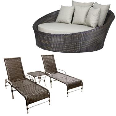 Imagem de Kit Chaise Com 2 Espreguiçadeiras Catar Reguláveis Com Almofadas Pedra Ferro