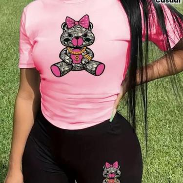Imagem de Kit Conjunto Camiseta Shorts Feminino Urso Gangster Dinheiro Academia 
