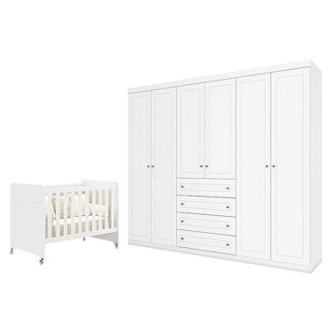 Imagem de Berço Americano Evolution 4 em 1 Branco Acetinado e Guarda Roupa Casal Americano 6 Portas Branco HP - Henn