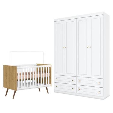 Imagem de Berço Americano Q Encanto 3820 Retrô Freijó TOQ Branco Acetinado - Qmovi e Guarda Roupa Infantil Americano 4 Porta Branco HP - Henn