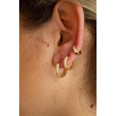 Imagem de Trio Brinco Argola Cravejado em Zircônia com Banho de Ouro - 1 Par de 