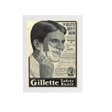 Imagem de Quadro Barbearia Gillette Retro Moldura Branca 60X40Cm