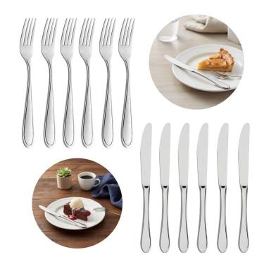 Imagem de Jogo 6 Garfos E 6 Facas De Sobremesa Prata Inox Em Casa Tem Linha Bronze