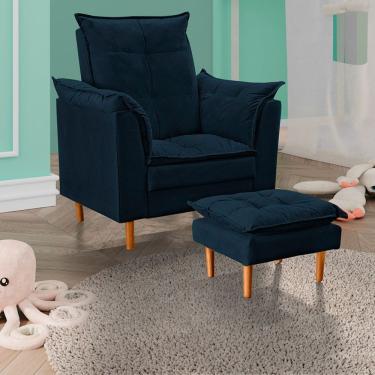 Imagem de Poltrona De Amamentação Loana Com Puff Suede Apoio Para Pés Azul Tatite Decor