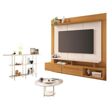 Imagem de Home Suspenso Zenith Com Mesa De Centro Sky Com Tampo De Vidro E Aparador Infinity Cinamomo Off White - Hb Móveis
