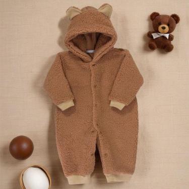 Imagem de Macacão para Bebê de Pelúcia Teddy Com Capuz Tons Variáveis de Caramel