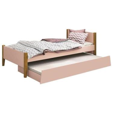 Imagem de Cama Solteiro Com Auxiliar Simba Rosa Acetinado Com Pés Madeira - Rell
