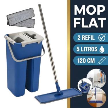 Imagem de Rodo Flat Mop com Balde Lava e Seca 5L 2 Refis Microfibra Cabo 120CM Giratório 360 graus  Azul Clean Tech