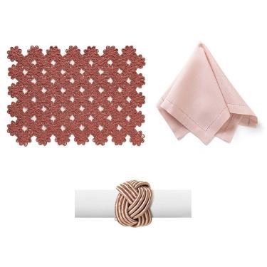 Imagem de Kit de Mesa Posta Fiore Rosê 4 Lugares com Jogo Americano Anel de Guardanapo e Guardanapo de Tecido Copa & Cia