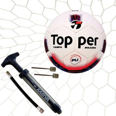 Imagem de Kit Futebol Profissional Topper Boleiro Hibrid com Bola e Bomba Kagiva e Redes Matrix Vermelho e Branco Bivolt