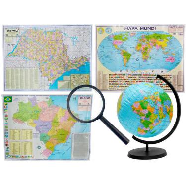 Imagem de Kit Globo Terrestre Inflável 17cm  + Lupa + Mapas do Brasil Mundi e SP 120x90cm Escolar Decorativo