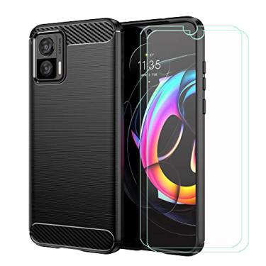 Imagem de FZYM Capa para Motorola Edge 30 Neo + [Pacote com 2] Película protetora de vidro temperado, capa de fibra de carbono preta de silicone macio TPU para Motorola Edge 30 Neo (6,3 polegadas)