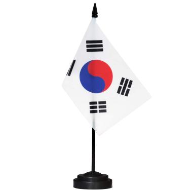 Imagem de Conjunto de bandeiras de mesa ANLEY Korea Deluxe - Bandeira de mesa coreana em miniatura de 6 x 4 "com polo sólido de 12" - cores vivas e resistente ao desbotamento - base preta e topo em forma