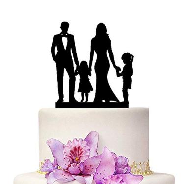 Imagem de YAMI COCU Topo de bolo de casamento – Mãe e papai com 2 filhos, meninas, família, aniversário, topo de bolo