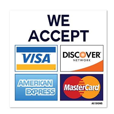 Imagem de Aceitamos Visa MasterCard American Express AMEX Discover, placa de cartão de crédito de 9,5 x 8,5 cm, adesivo de vinil autoadesivo