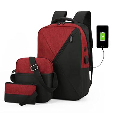 Imagem de Mochila para laptop de negócios 3 peças masculina feminina casual 15,6 polegadas mochila para computador bolsa de viagem de grande capacidade com porta de carregamento USB, vermelha, 42 x 21 cm