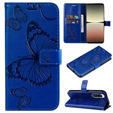 Imagem de Capas de telefone borboleta em relevo compatíveis com Sony Xperia 5 IV capa de couro slots de cartão de visita de luxo clipe de carteira capa de telefone à prova de choque (azul, Sony Xperia 5 IV)