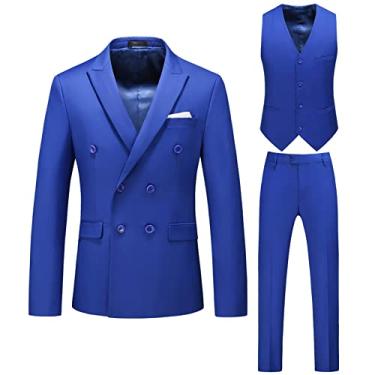 Imagem de Conjuntos de terno masculino 3 peças blazer calças colete plus size trespassado casual slim fit blazer jaquetas para festa jantar baile, azul, M