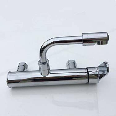 Imagem de Torneiras de cozinha em latão preto com dois furos para banheiro montado na parede 360 giratórias para lavatório torneiras de pia de água quente fria torneiras misturadoras, cromadas 370 mm