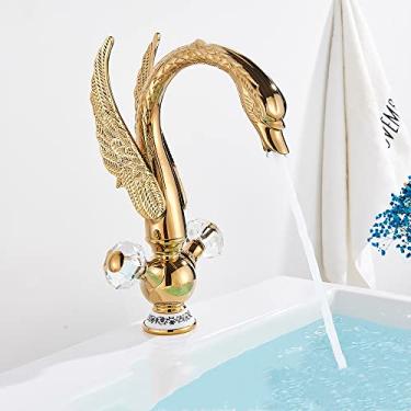 Imagem de Torneira de lavatório Golden Swan Torneira de banheiro montada no convés Torneira misturadora de água quente e fria Torneira de água de banho Torneiras de pia de lavatório, Dourado