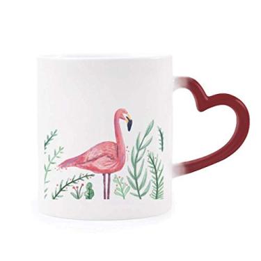 Imagem de Caneca de grés com plantas de flamingo tropicais sensível ao calor vermelha que muda de cor