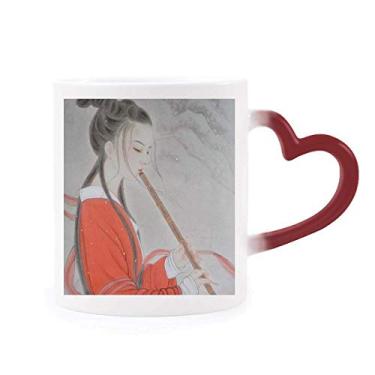 Imagem de Caneca vermelha de beleza flauta pintura chinesa sensível ao calor Caneca de grés que muda de cor vermelha
