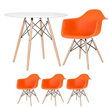 Imagem de Loft7, Mesa redonda Eames 90 cm branco + 3 cadeiras Eiffel Daw laranja