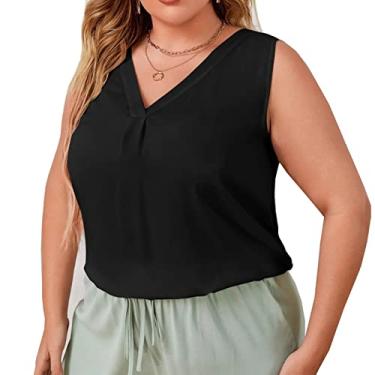 Imagem de Blusas femininas com decote em V colete plus size casual rodada camiseta verão solta chiffon sem mangas camisa plissada tops colete, preto, XGG