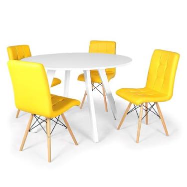 Imagem de Conjunto Mesa de Jantar Redonda Amanda Branca 120cm com 4 Cadeiras Eiffel Gomos - Amarelo