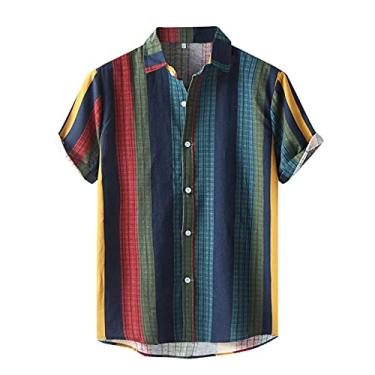 Imagem de Pacote de camisetas masculinas de algodão com estampa virada para baixo camisa de manga casual botão de moda listrada masculina gola curta xadrez masculina, Verde, M