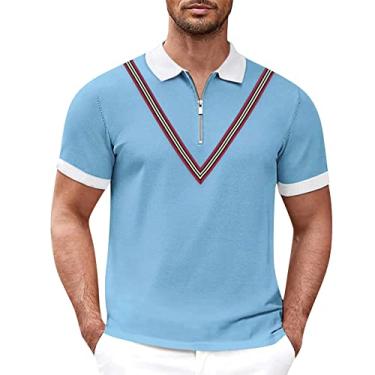 Imagem de Camisas de elastano para homem verão casual tecido listrado camiseta botão gola virada para baixo manga curta solo, Azul claro, 3G