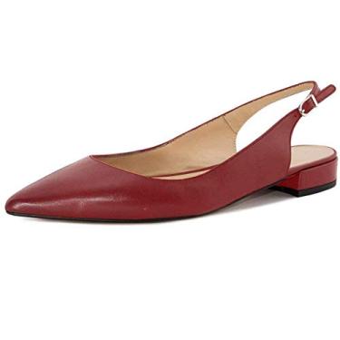 Imagem de Fericzot Sapatos femininos sensuais sandálias de bico fino salto baixo quadrado fivela Drees Flat Shoes Plus Size, Vinho tinto-PU, 10.5