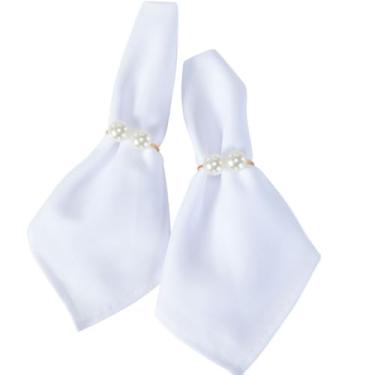 Imagem de Kit 6 Guardanapos de Tecido + Anel de Guardanapo Pérola Dupla Dourado | Kit Guardanapos para Mesa Posta Conjunto de Guardanapo de Pano + Abraçadeira Porta Guardanapo