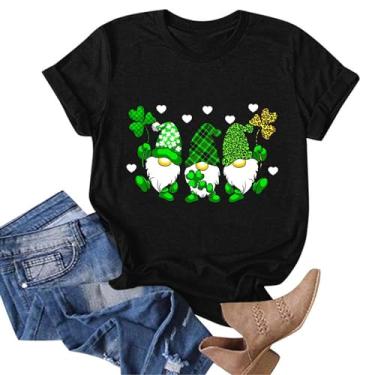 Imagem de Camiseta feminina Dia de São Patrício com estampa de trevo de trevo de trevo camiseta com estampa de bandeira irlandesa blusa Lucky Teen 2024, Preto, XXG