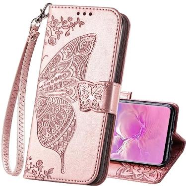 Imagem de Capa de telefone carteira para Samsung Galaxy S10e, feminina, flip fólio, couro PU, capa protetora com alça de pulso, compartimentos para cartões, bolso em relevo borboleta flor, suporte flip para Samsung Galaxy S10e ouro rosa