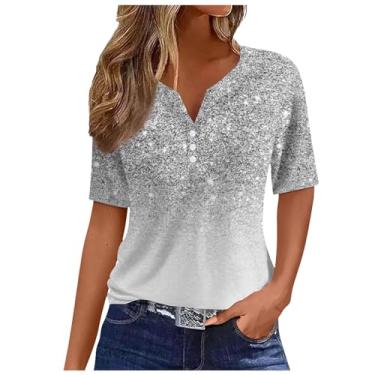 Imagem de Camisetas femininas de verão da moda Henley gola V abotoadas blusas soltas boho manga curta blusas túnica casuais elegantes, Prata 022, G