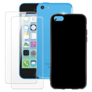 Imagem de MILEGOO Capa para iPhone 5C + 2 peças protetoras de tela de vidro temperado, capa ultrafina de silicone TPU macio à prova de choque para iPhone 5C (4 polegadas) preta