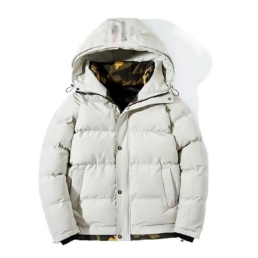 Imagem de Aoleaky Jaqueta masculina acolchoada de inverno outono com capuz casaco masculino quente grosso corta-vento jaqueta preta parka masculina, Branco marfim, G