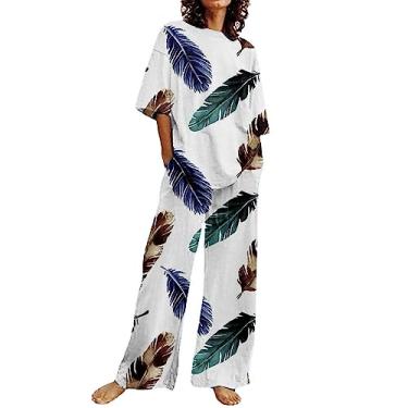 Imagem de Roupas femininas da moda de verão 2023 para mulheres, conjunto de 2 peças de linho roxo, blusas fofas, calças compridas, capri soltas, roupas casuais, Da1 - branco, X-Large