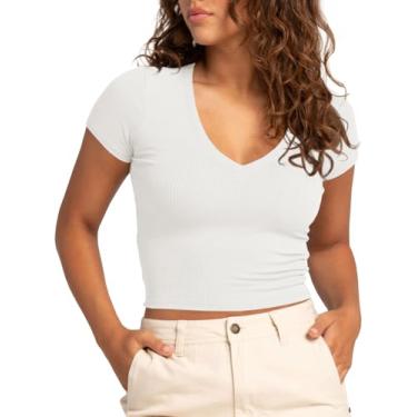 Imagem de Tankaneo Camisetas femininas de verão cropped manga curta gola V slim fit malha canelada camisetas básicas Y2k top, Branco, GG