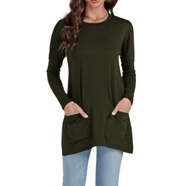 Imagem de LYANER Camisetas femininas 2024 gola redonda manga longa blusa solta túnica casual para leggings com bolso, Amy Green, P